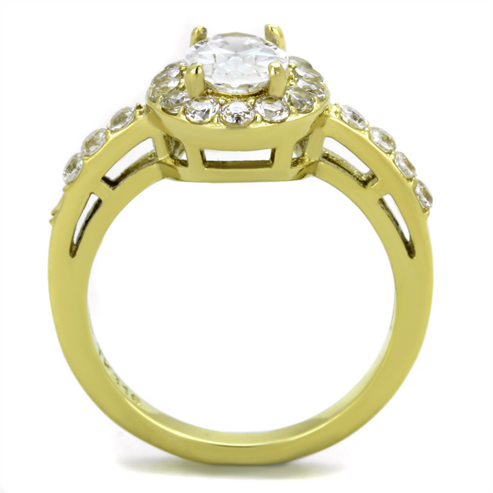 Womens Stainless Steel 316 Oval Cut Zirconia Gold Plated Halo Engagement Ring Image 3