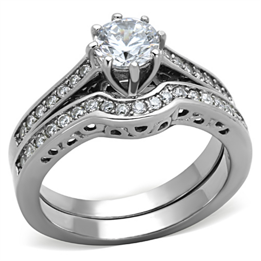Womens Stainless Steel 316 Round 1.85 Ct Zirconia Engagement Wedding Ring Set Image 1