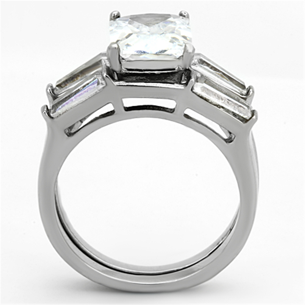 Womens Stainless Steel 316 Emerald Cut Zirconia Engagement Wedding Ring Set Image 3