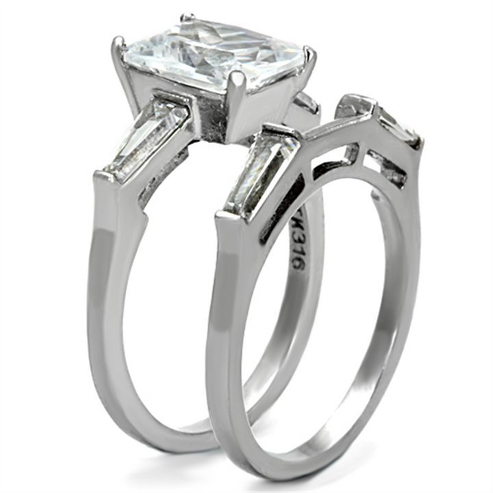 Womens Stainless Steel 316 Emerald Cut Zirconia Engagement Wedding Ring Set Image 4