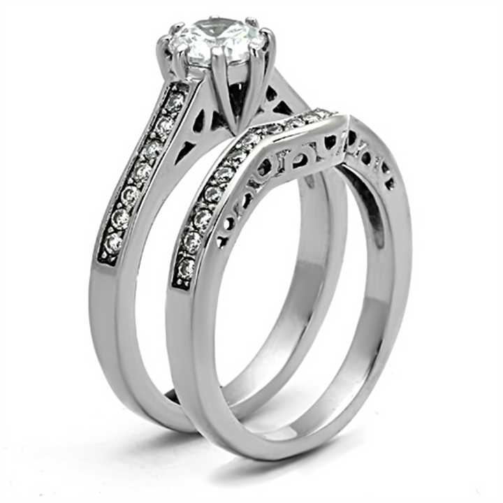 Womens Stainless Steel 316 Round 1.85 Ct Zirconia Engagement Wedding Ring Set Image 4