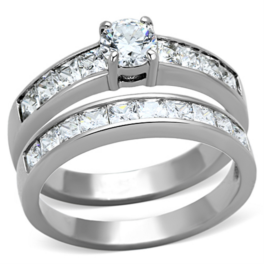 Womens Stainless Steel 316 Round 3.25 Ct Zirconia Engagement Wedding Ring Set Image 1