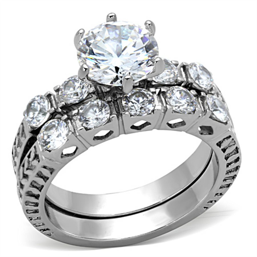 Womens Stainless Steel 316 Round 3.10 Ct Zirconia Engagement Wedding Ring Set Image 1