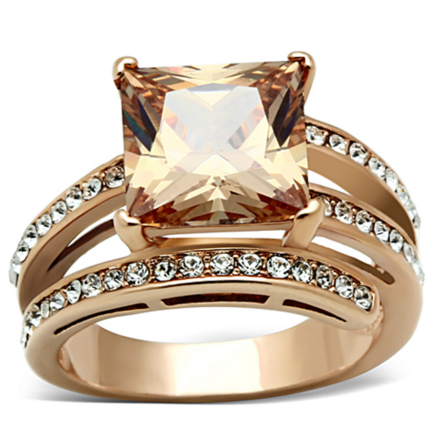 Womens Stainless Steel 316 Rose Gold Princess Cut Champagne Zirconia Cocktail Ring Image 1