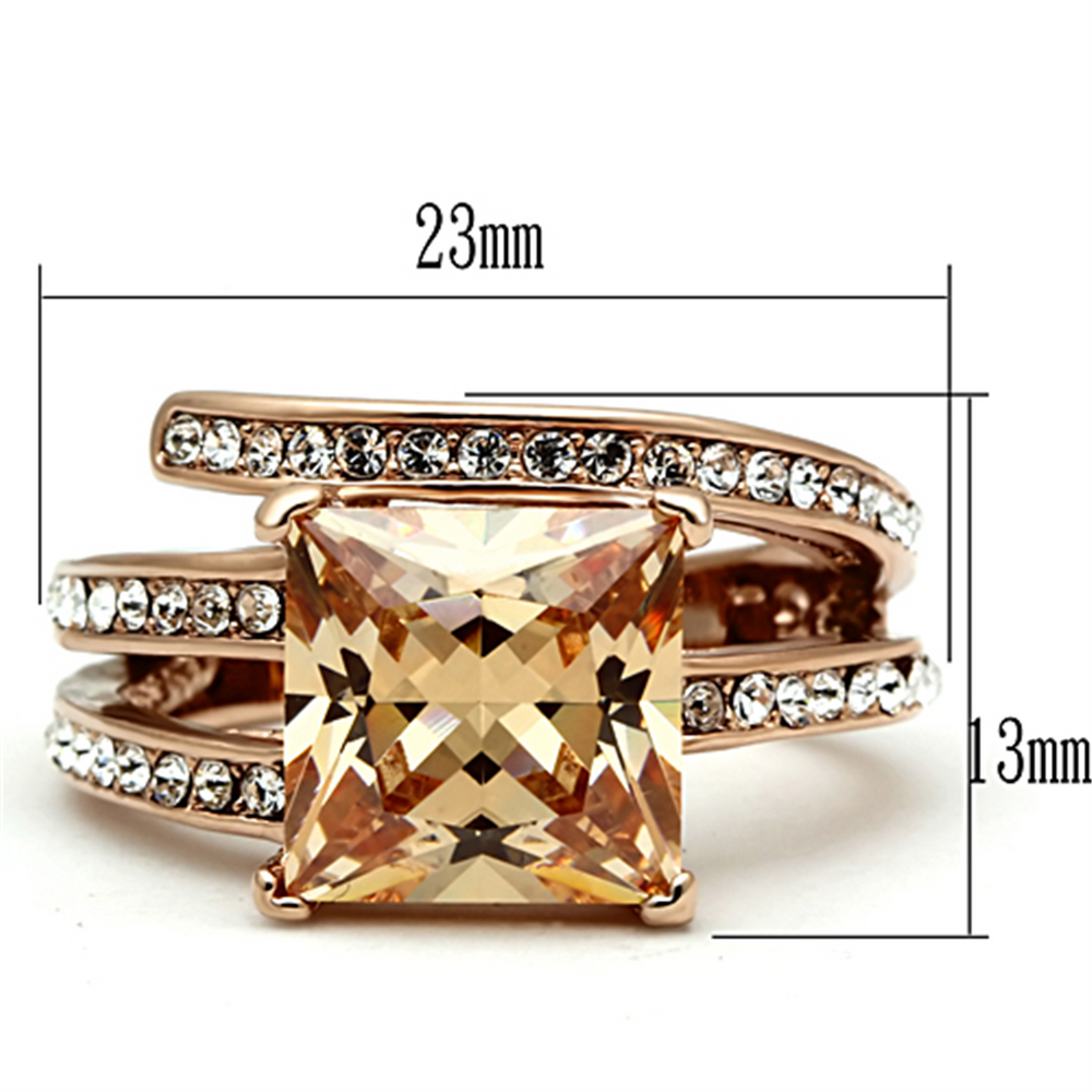 Womens Stainless Steel 316 Rose Gold Princess Cut Champagne Zirconia Cocktail Ring Image 2