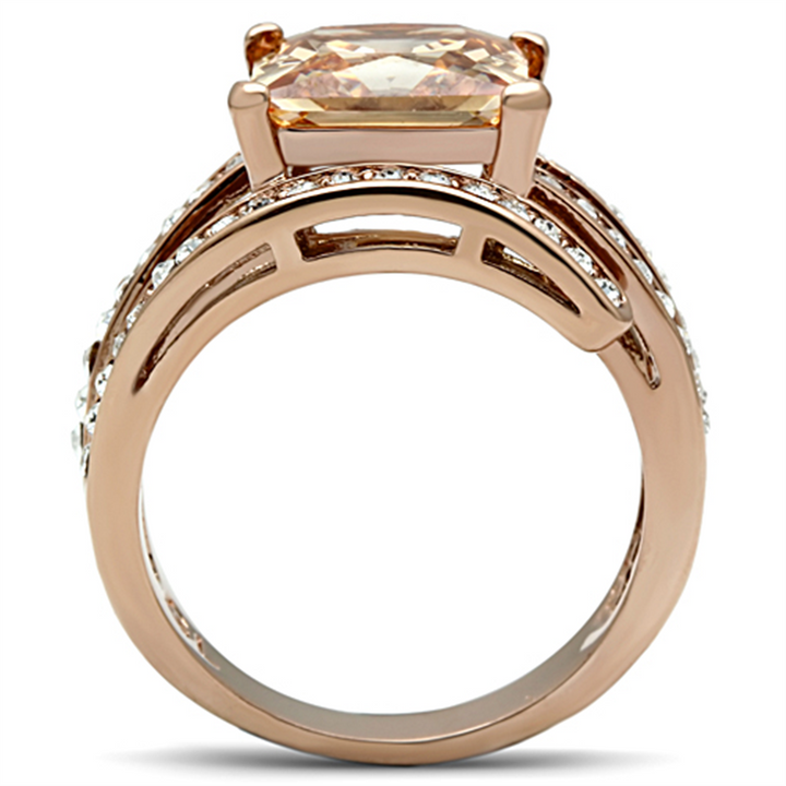 Womens Stainless Steel 316 Rose Gold Princess Cut Champagne Zirconia Cocktail Ring Image 3