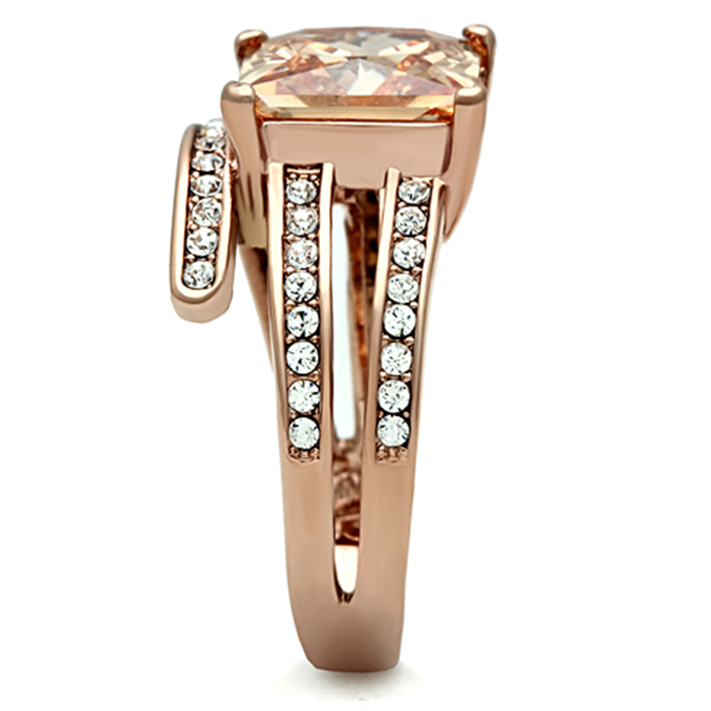 Womens Stainless Steel 316 Rose Gold Princess Cut Champagne Zirconia Cocktail Ring Image 4