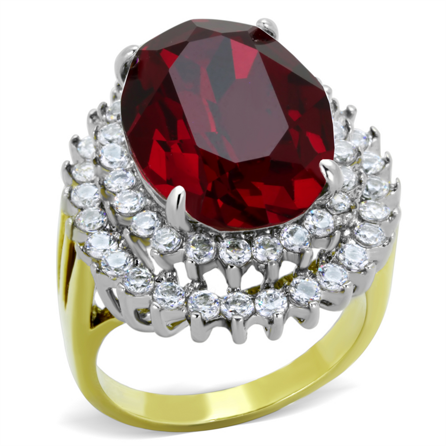 Womens Stainless Steel Two Toned Oval Siam Red Crystal Cocktail Fashion Ring Image 1