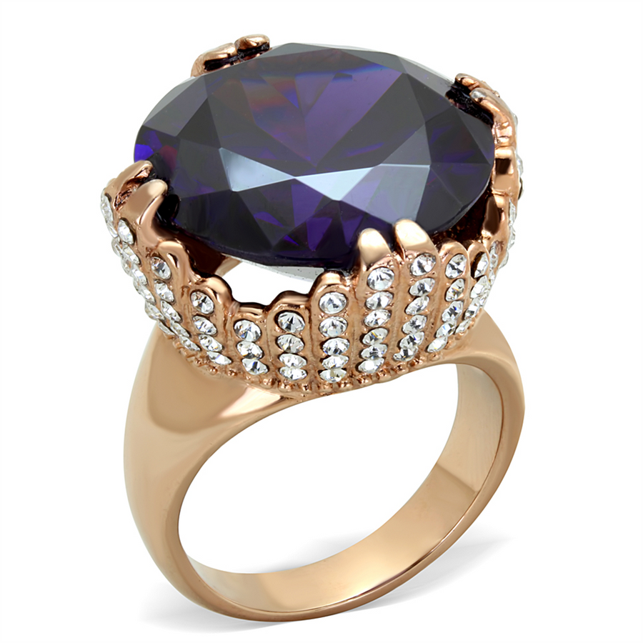 Womens Stainless Steel 316 Rose Gold Plated Amethyst Zirconia Cocktail Ring Image 1