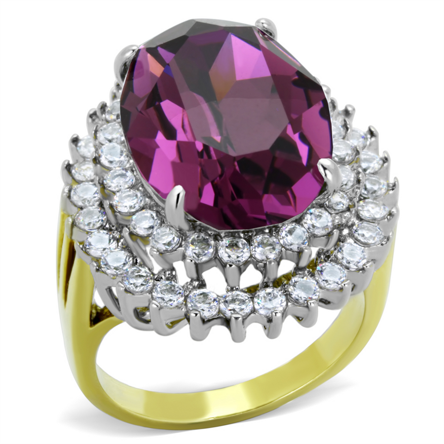 Womens Stainless Steel Two Toned Oval Amethyst Crystal Cocktail Fashion Ring Image 1