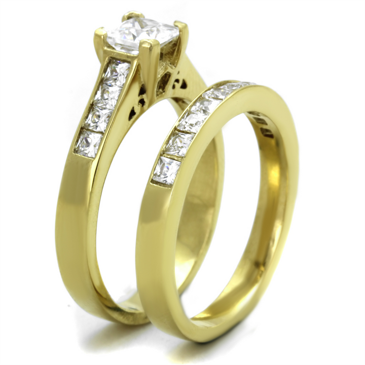 Womens Stainless Steel 316 Gold Plated Princess Cut Zirconia Wedding Ring Set Image 4