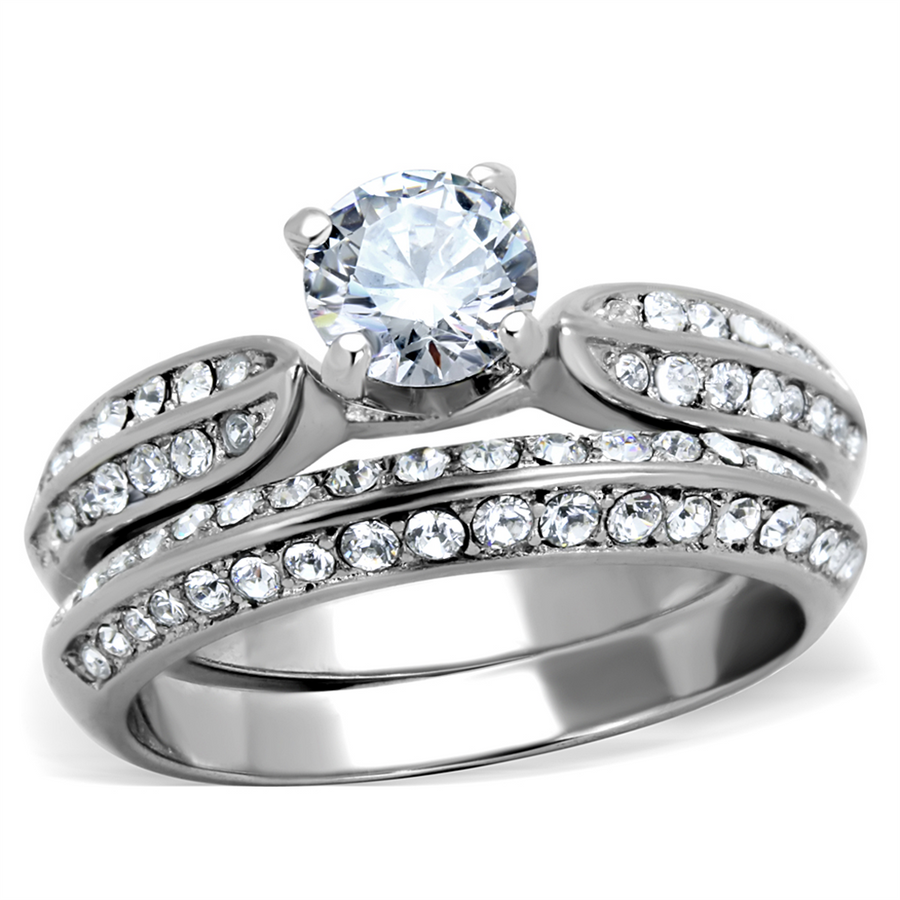 Womens Stainless Steel 316 Round 1.75 Ct Zirconia Engagement Wedding Ring Set Image 1