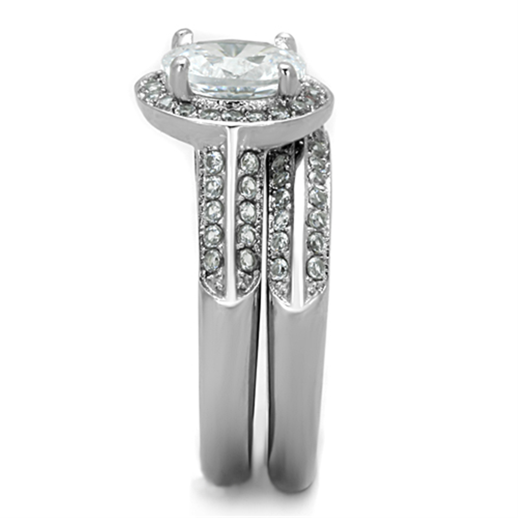 Womens Stainless Steel 316 Oval Cut Cubic Zirconia Halo Wedding Ring Set Image 4