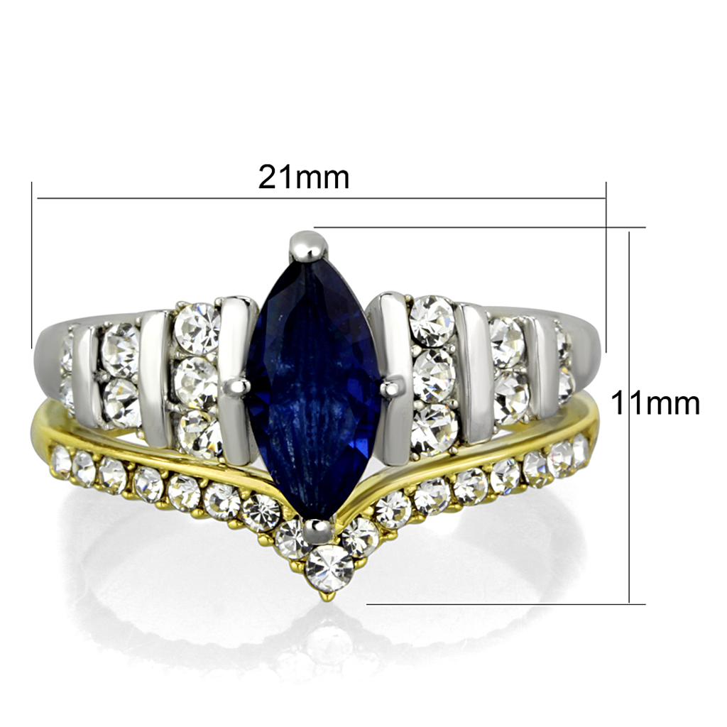 Two Toned Stainless Steel 316 Blue Marquise Glass 2Pc Wedding Ring Set Size 5-10 Image 2