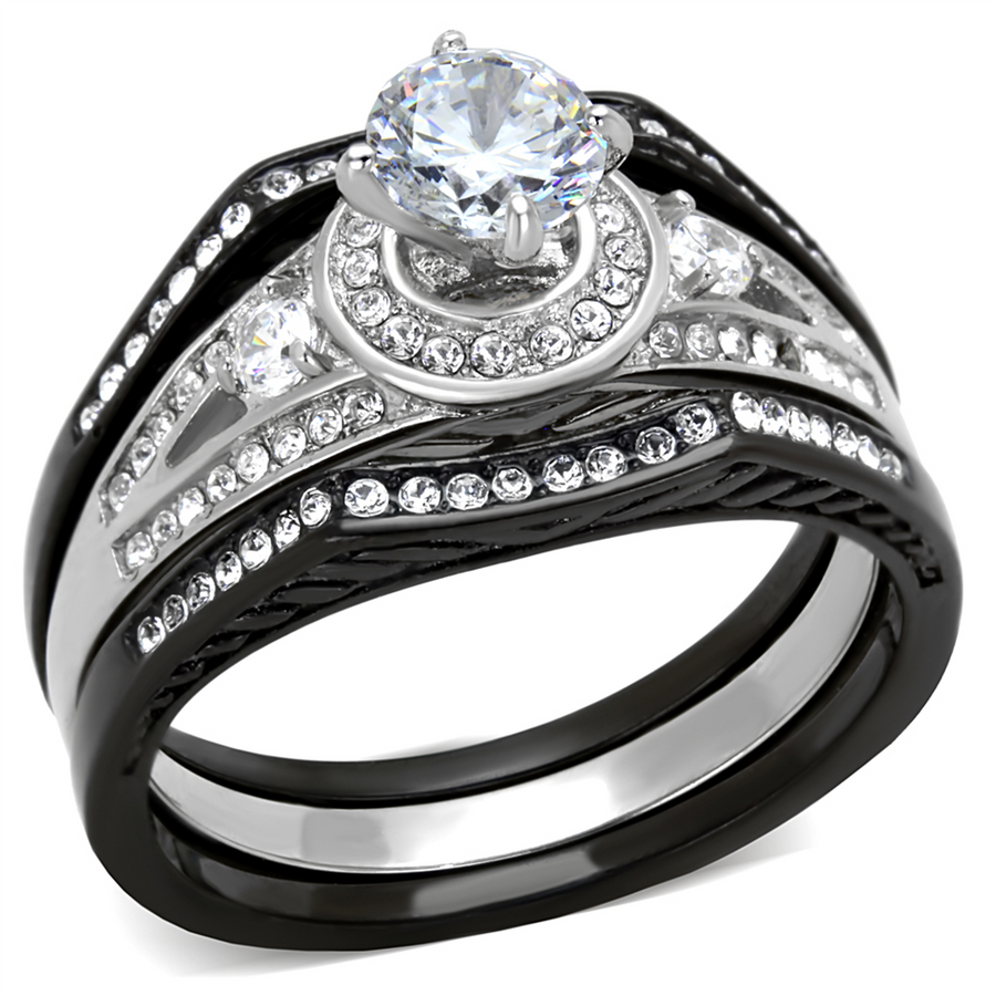 2.15 Ct Halo Round Cubic Zirconia Black Stainless Steel Wedding Ring Set Womens Size 5-10 Image 1