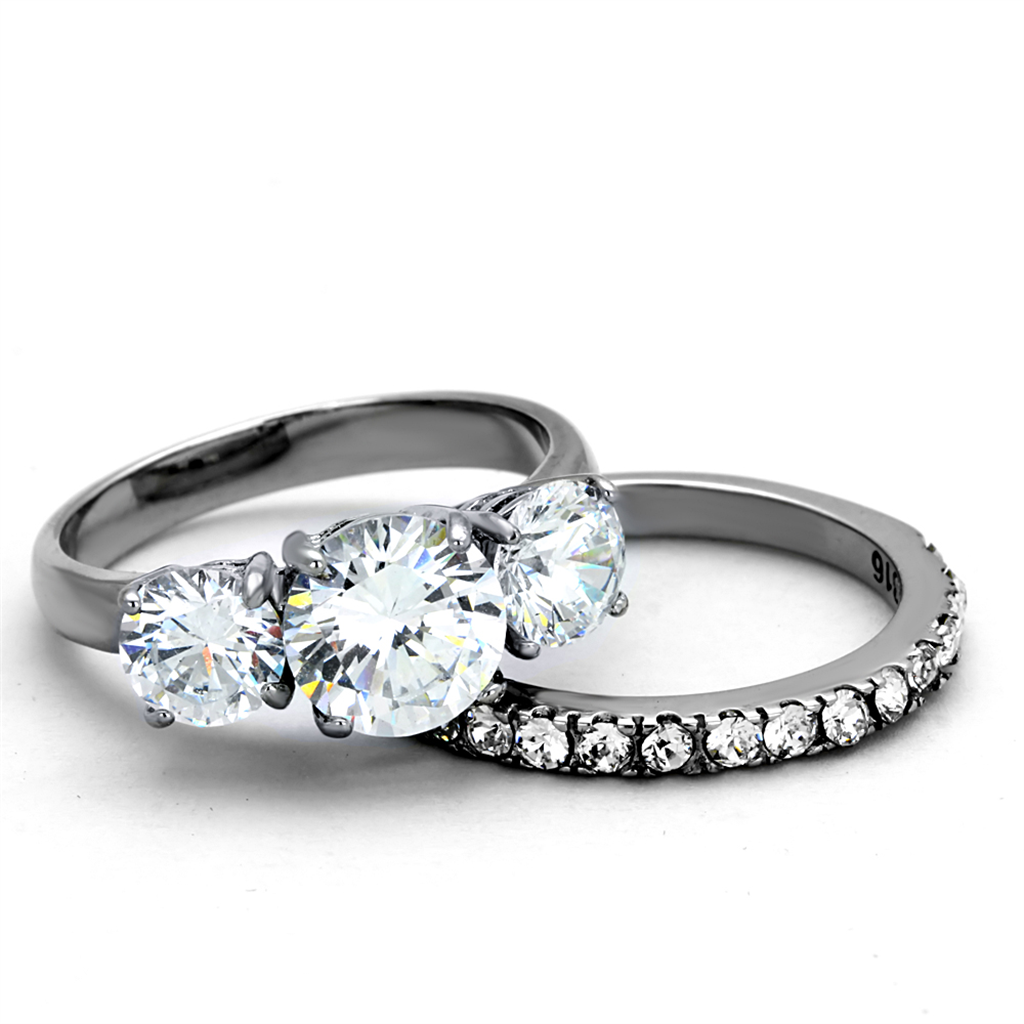 4.17Ct Round Cut 3 Stone Stainless Steel Engagement and Wedding Ring Set Size 5-10 Image 2