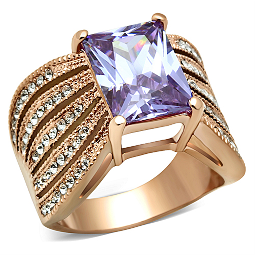 Womens Light Amethyst Emerald Cut Cz Stainless Steel Rose Gold Plated Ring 5-1 0 Image 1