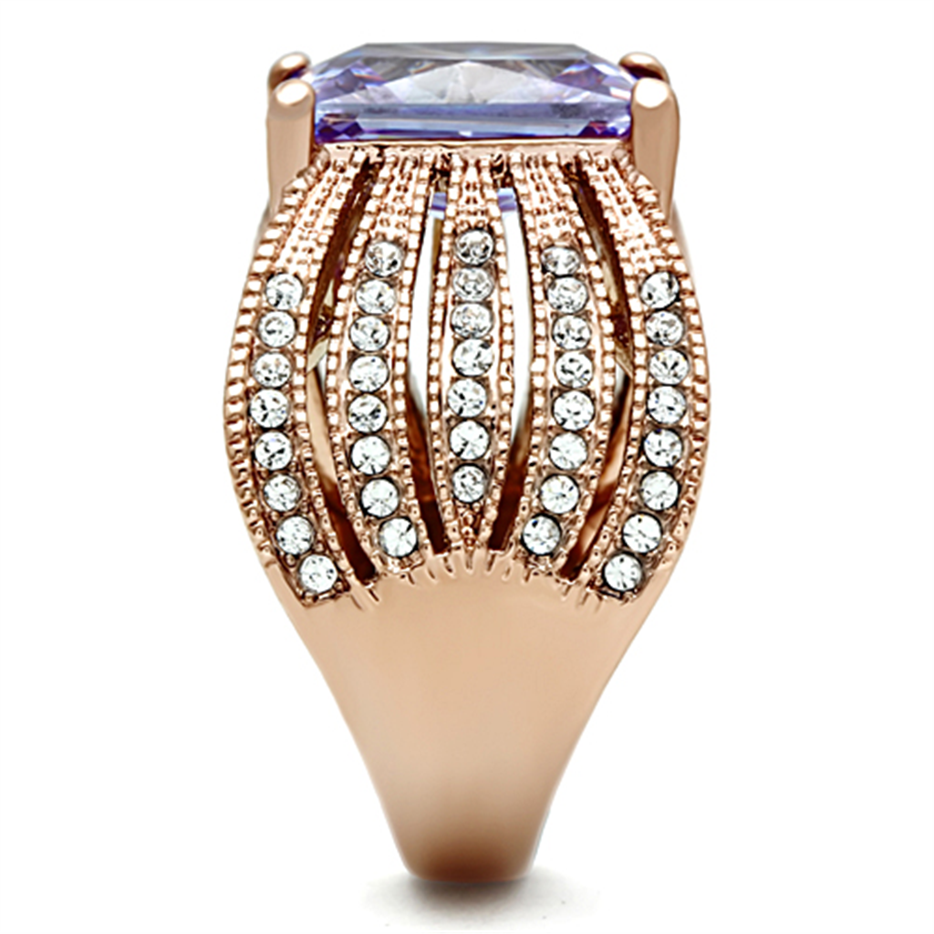 Womens Light Amethyst Emerald Cut Cz Stainless Steel Rose Gold Plated Ring 5-1 0 Image 4