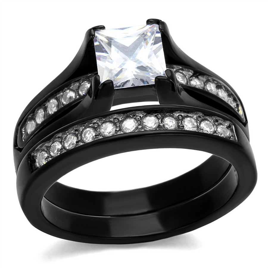 2.10 Ct Princess Cut Zirconia Black Stainless Steel Wedding Ring Set Womens Size 5-10 Image 1