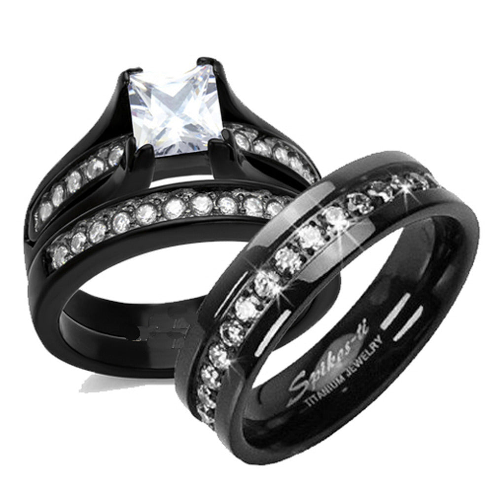 His and Her 3Pc Black Stainless Steel and Titanium Wedding Engagement Ring Band Set Image 1