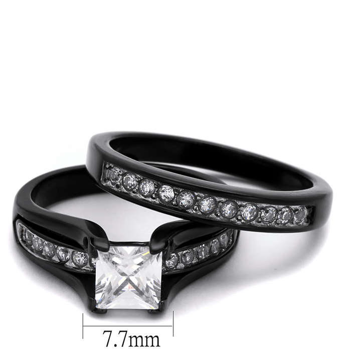 His and Her 3Pc Black Stainless Steel and Titanium Wedding Engagement Ring Band Set Image 4