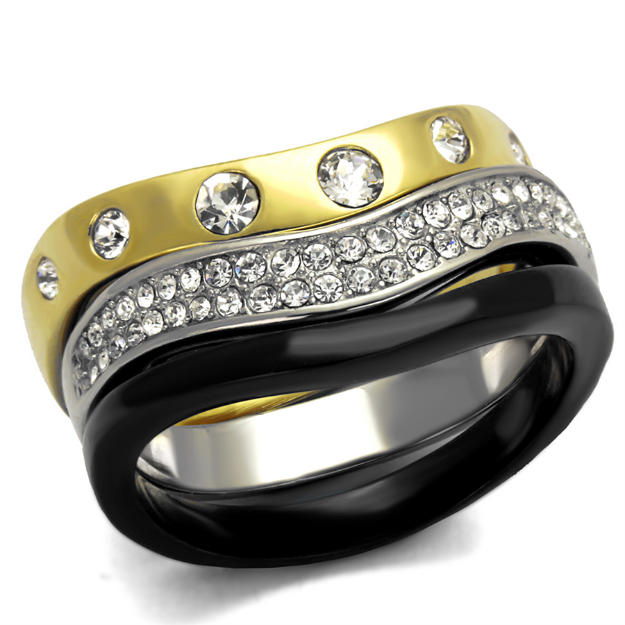 Silver Black and Gold Ion Plated Stainless Steel Crystal Fashion Ring Womens 5-10 Image 1