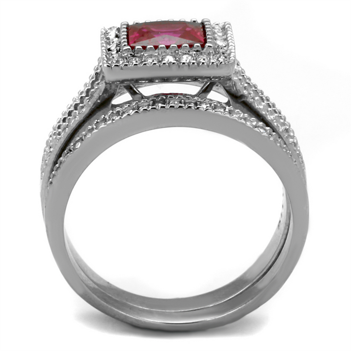 1.64 Ct Princess Cut Ruby Zirconia Stainless Steel Halo Wedding Ring Set Sz 5-10 Image 3
