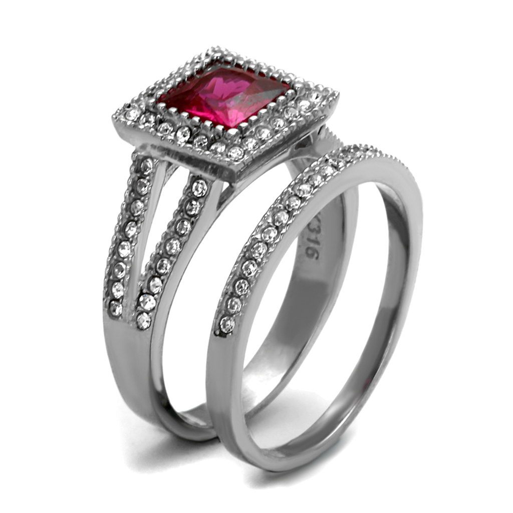 1.64 Ct Princess Cut Ruby Zirconia Stainless Steel Halo Wedding Ring Set Sz 5-10 Image 4