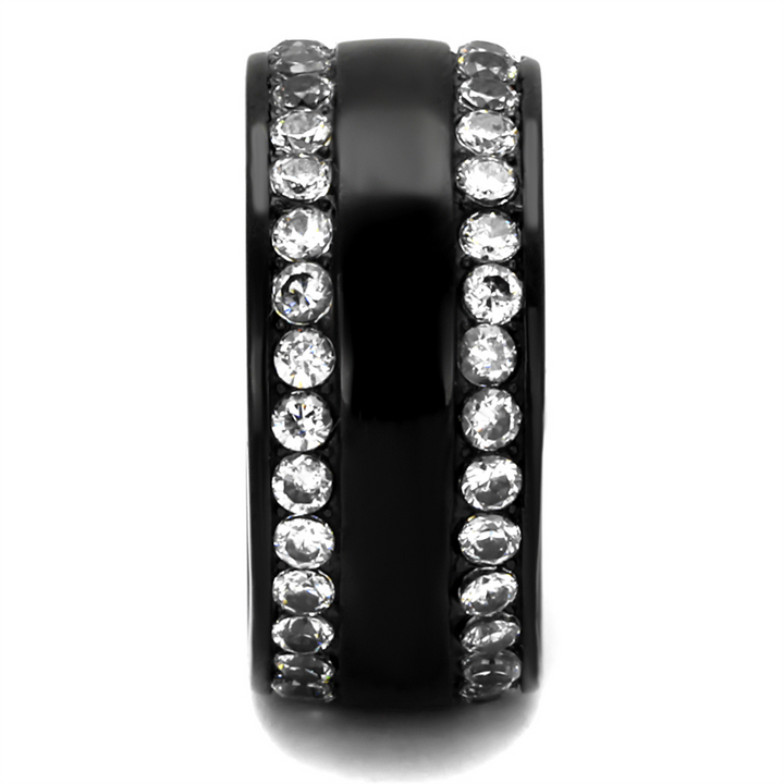 Womens Double Lined Clear Cubic Zirconia Black Stainless Steel Wide Band Ring Image 4