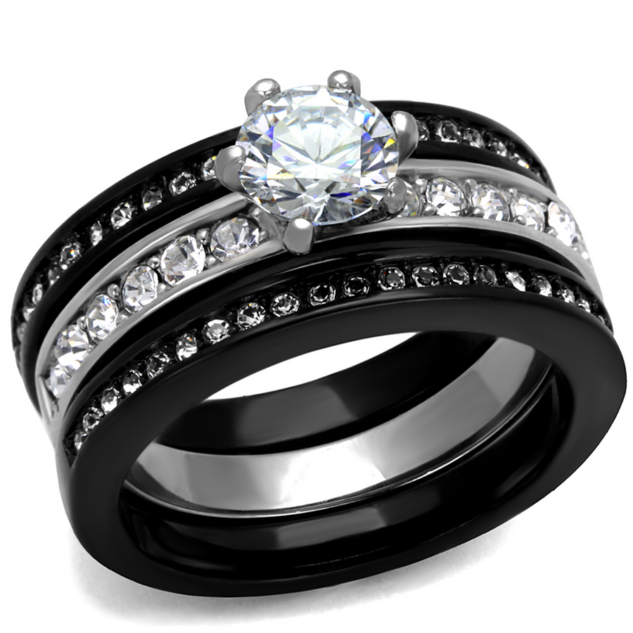 1.31 Ct Round Cut Cz Womens 3 Piece Black Ip Stainless Steel Wedding Ring Set Image 1