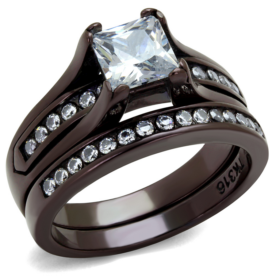 2.10 Ct Princess Cut Zirconia Brown Stainless Steel Wedding Ring Set Womens 5-10 Image 1