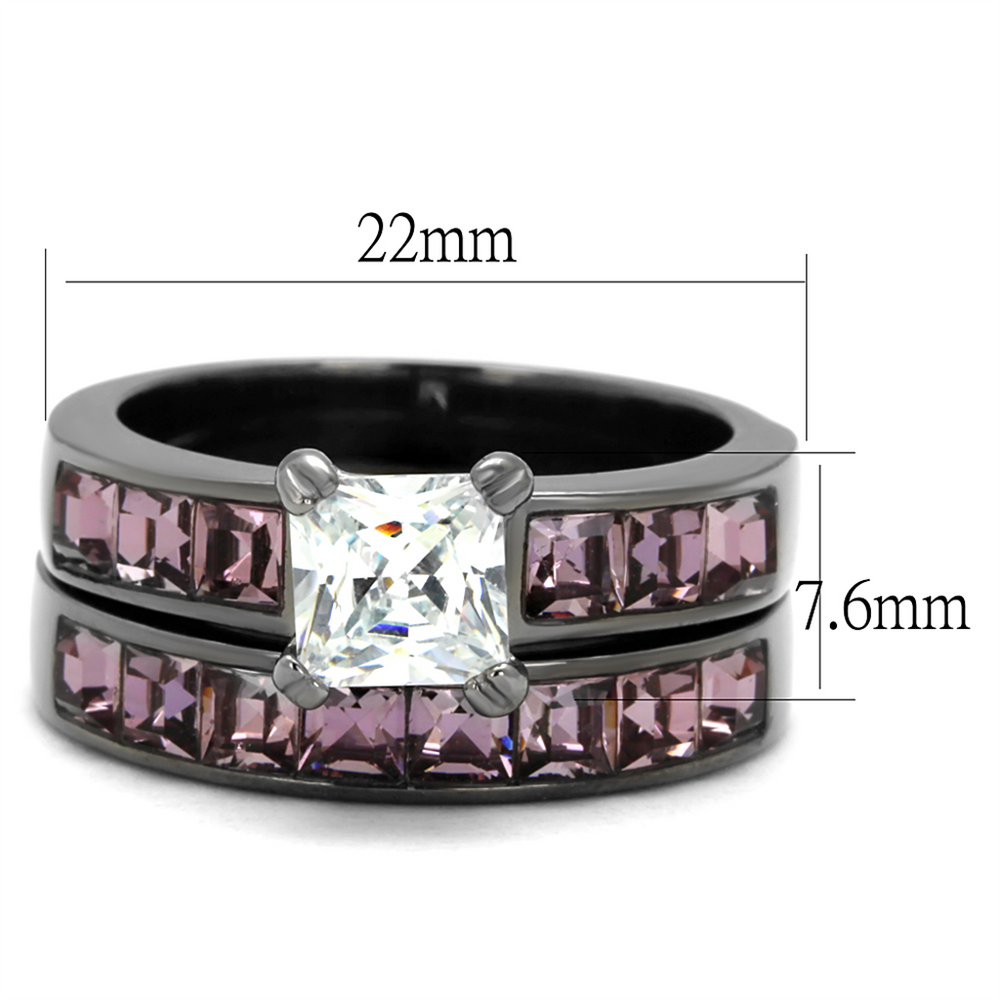 Womens 3.75 Ct Princess Cut Aaa Cz Light Black Stainless Steel Wedding Ring Set Image 2