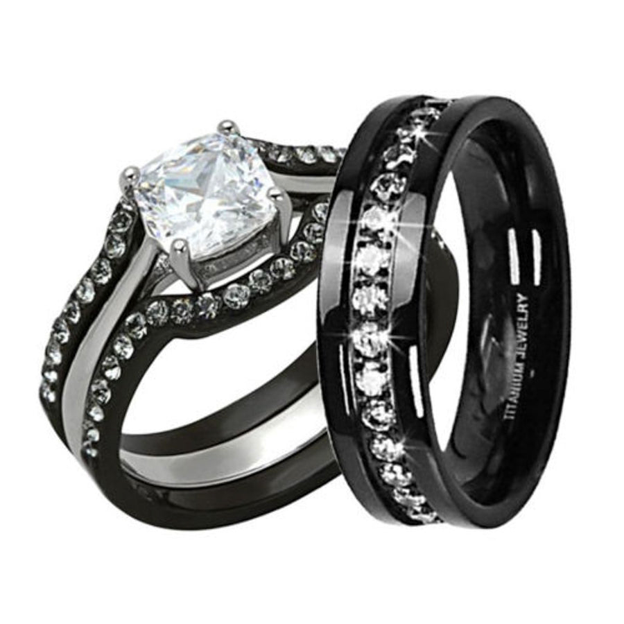 His and Hers 4Pc Black Stainless Steel and Titanium Wedding Engagement Ring Band Set Image 1