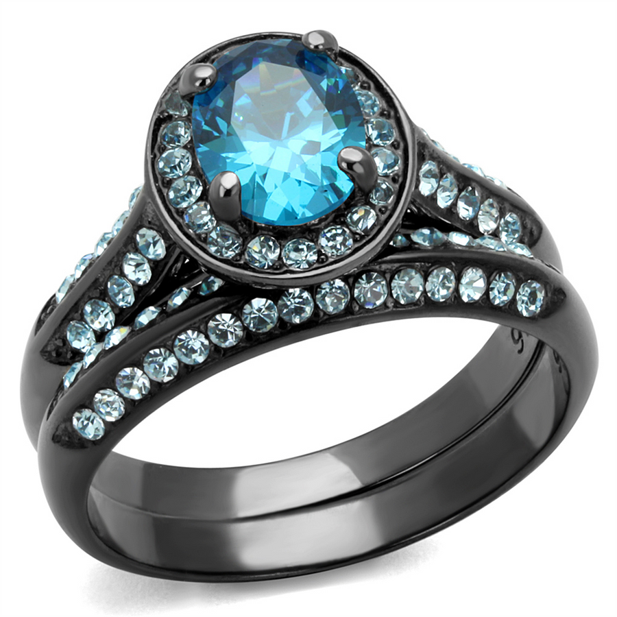 2.65 Ct Sea Blue Cz Halo Gray Stainless Steel Wedding Ring Set Womens Size 5-10 Image 1