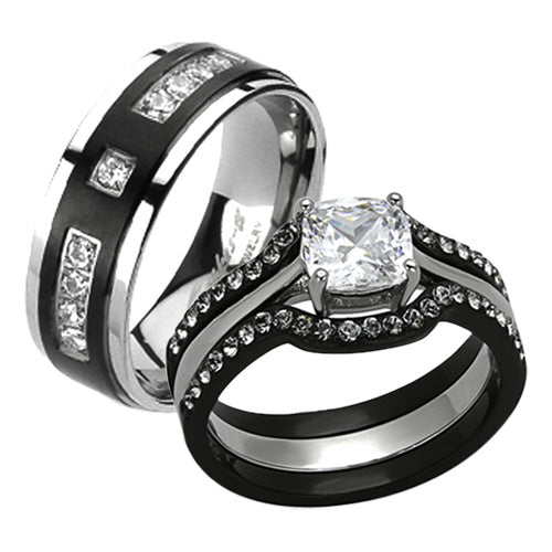 His and Her 4Pc Black and Silver Stainless Steel and Titanium Wedding Ring Band Set Image 1