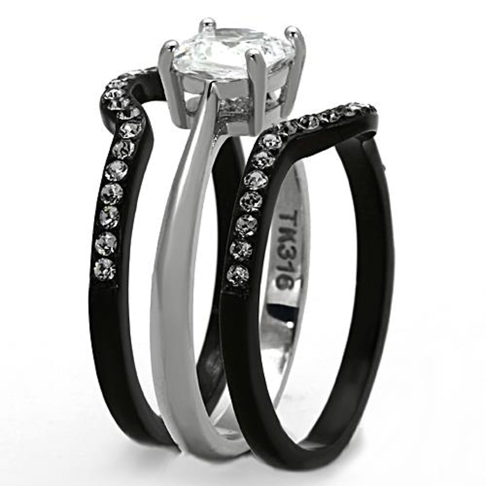 His and Her 4Pc Black and Silver Stainless Steel and Titanium Wedding Ring Band Set Image 4