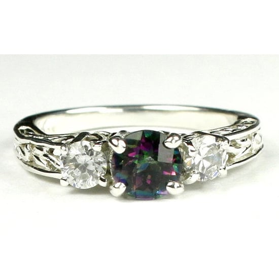 SR254 6mm Mystic Fire Topaz w/ Two 4mm CZ Accents 925 Sterling Silver Engagement Ring Image 1