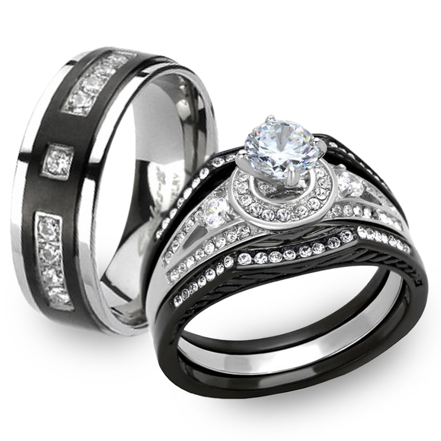 Black and Silver Stainless Steel and Titanium His and Her 4pc Wedding Ring Set Image 1
