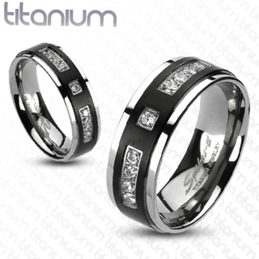 Black and Silver Stainless Steel and Titanium His and Her 4pc Wedding Ring Set Image 3