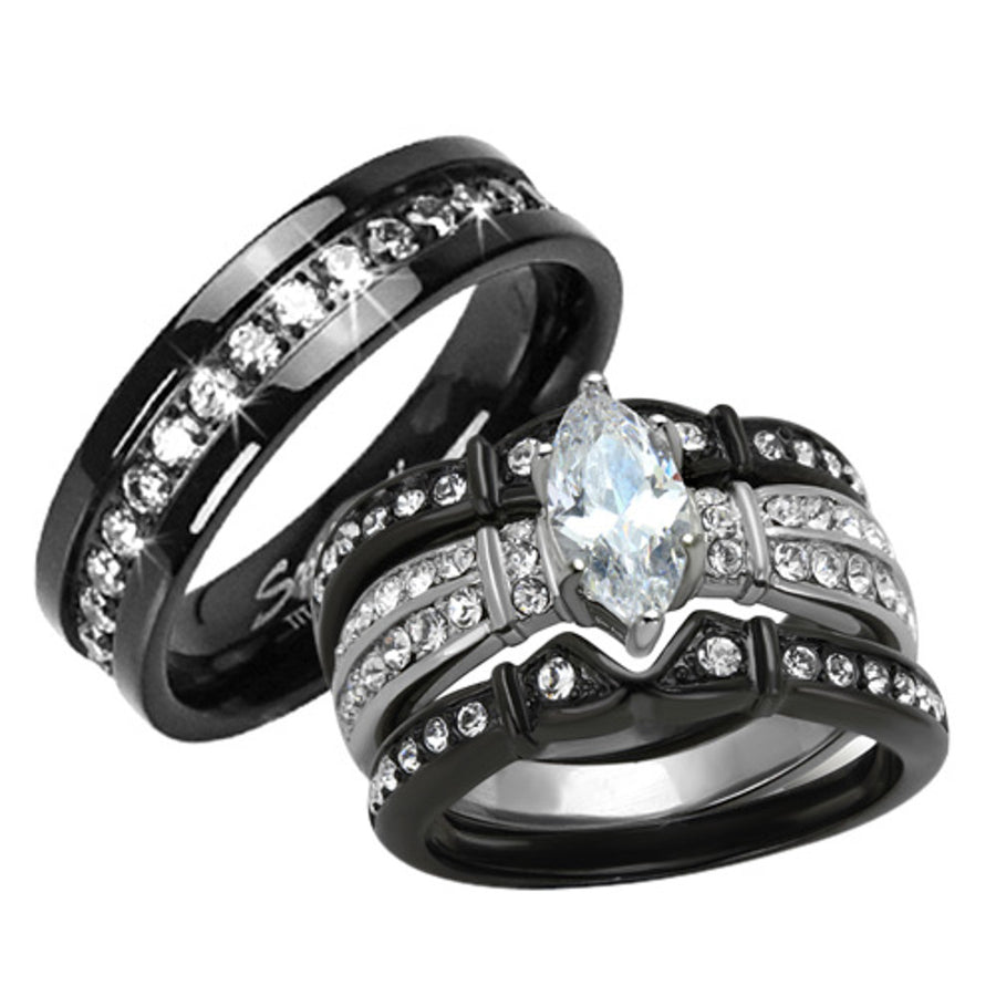 HIS HERS 4 PC BLACK STAINLESS STEEL and TITANIUM WEDDING ENGAGEMENT RING BAND SET Image 1