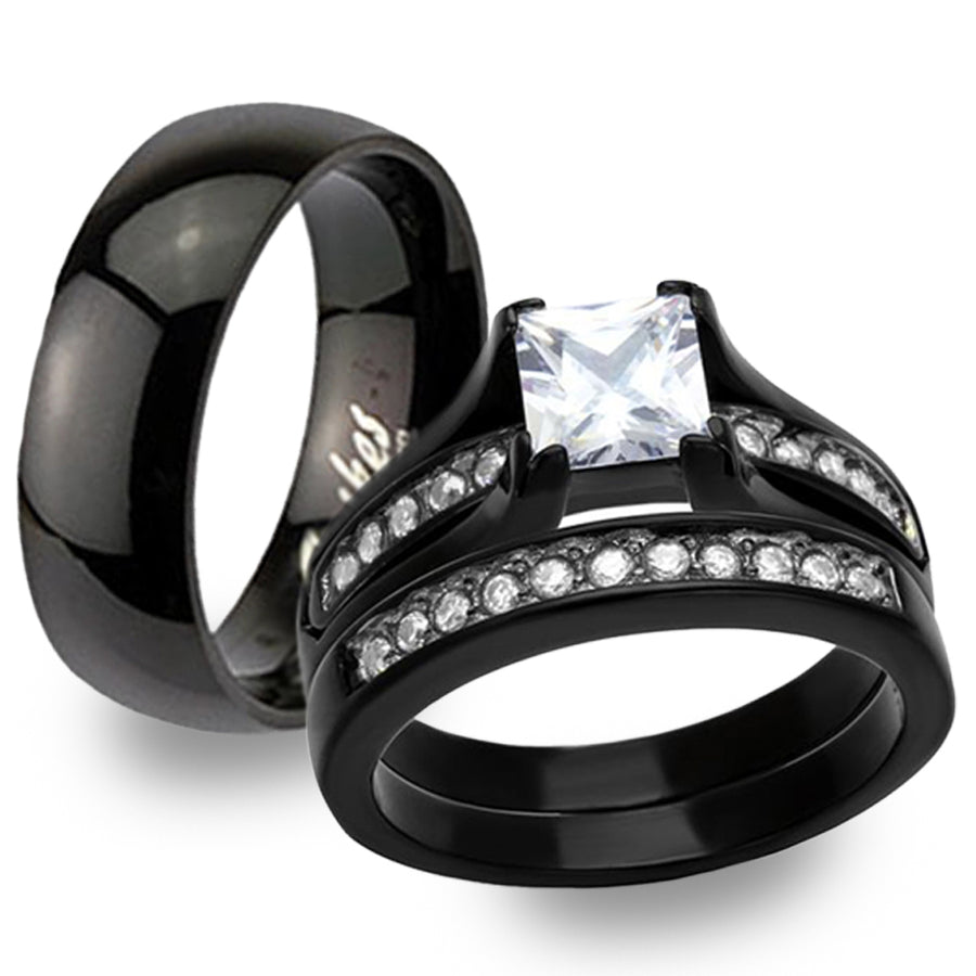 Stainless Steel Black Ion Plated His (6mm Width) and Hers 3pc Wedding Engagement Ring Band Set Image 1