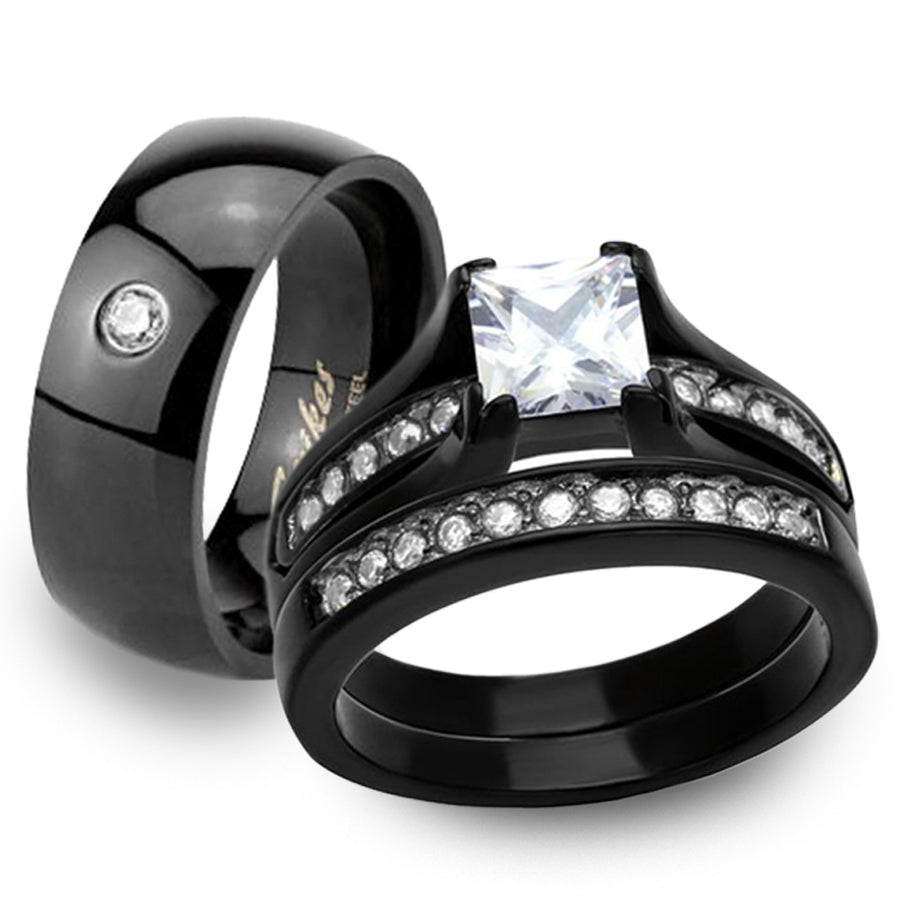 Black Ion Plated Stainless Steel His (6 mm Width) and Hers 3pc Wedding Engagement Ring Band Set Image 1