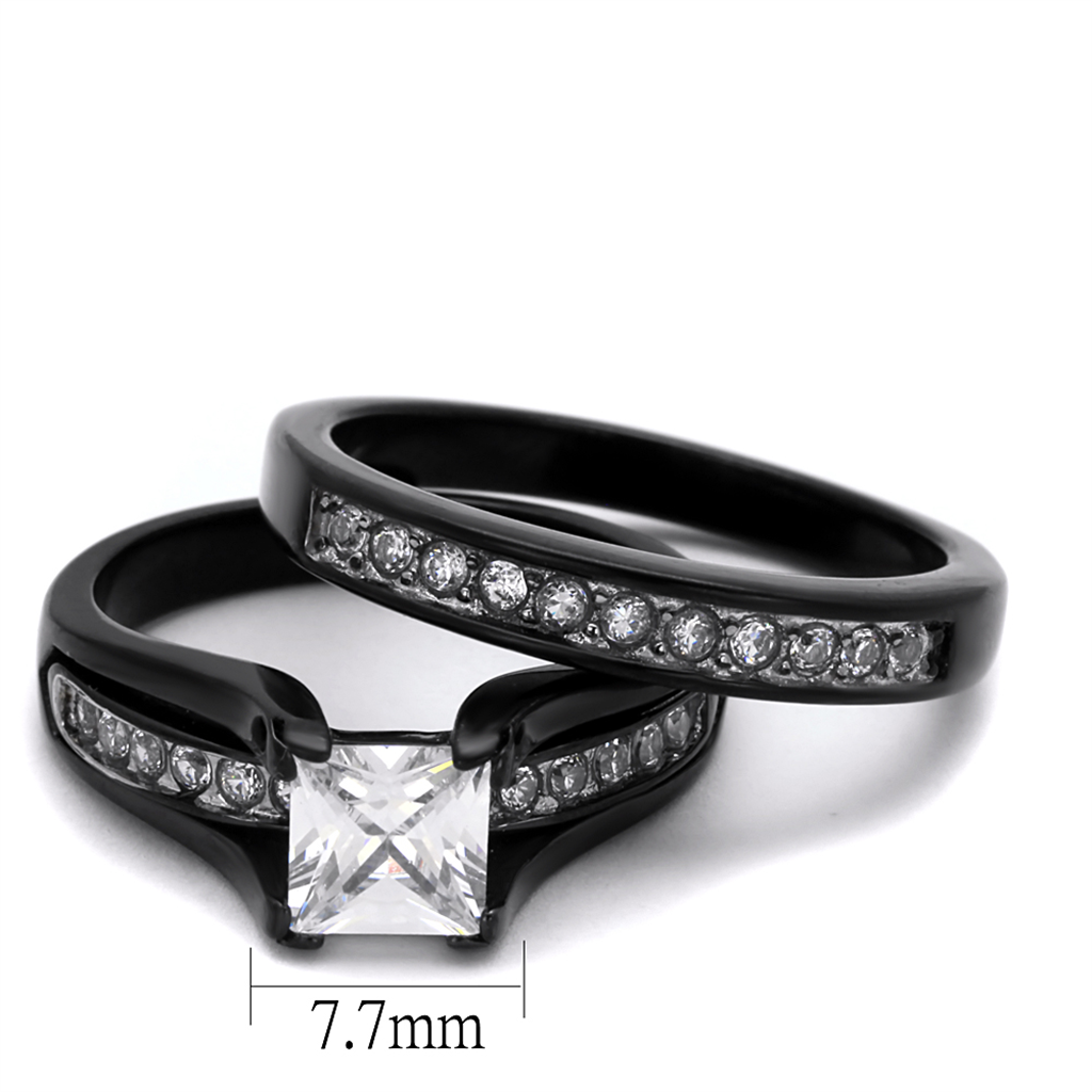 Black Ion Plated Stainless Steel His (6 mm Width) and Hers 3pc Wedding Engagement Ring Band Set Image 4