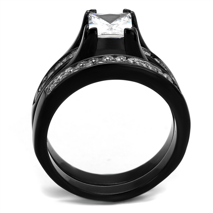 Black Ion Plated Stainless Steel His (6 mm Width) and Hers 3pc Wedding Engagement Ring Band Set Image 4