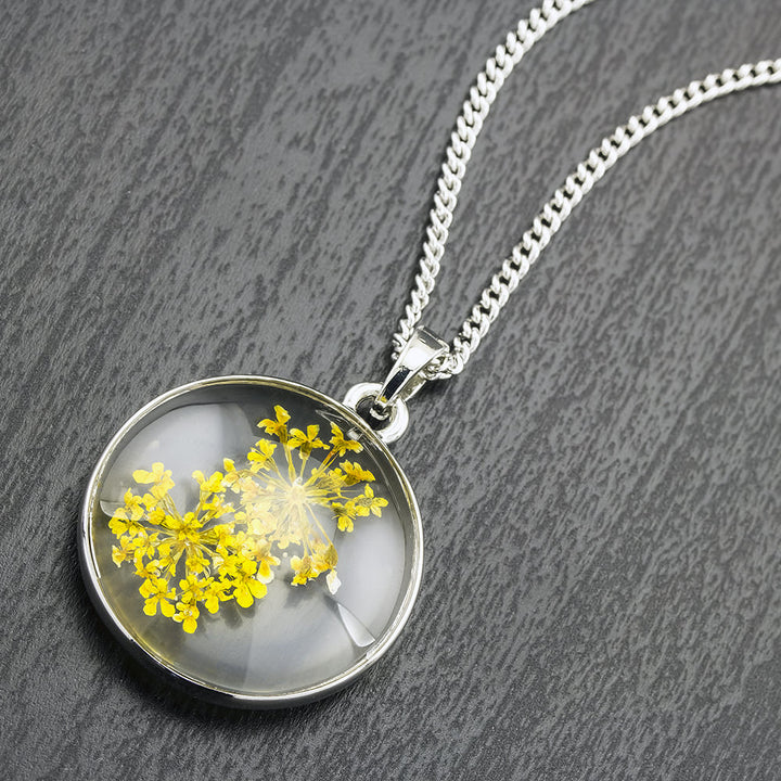 Rhodium Plated Round Glass with Genuine Yellow Forget-Me-Not Flowers Necklace Image 1