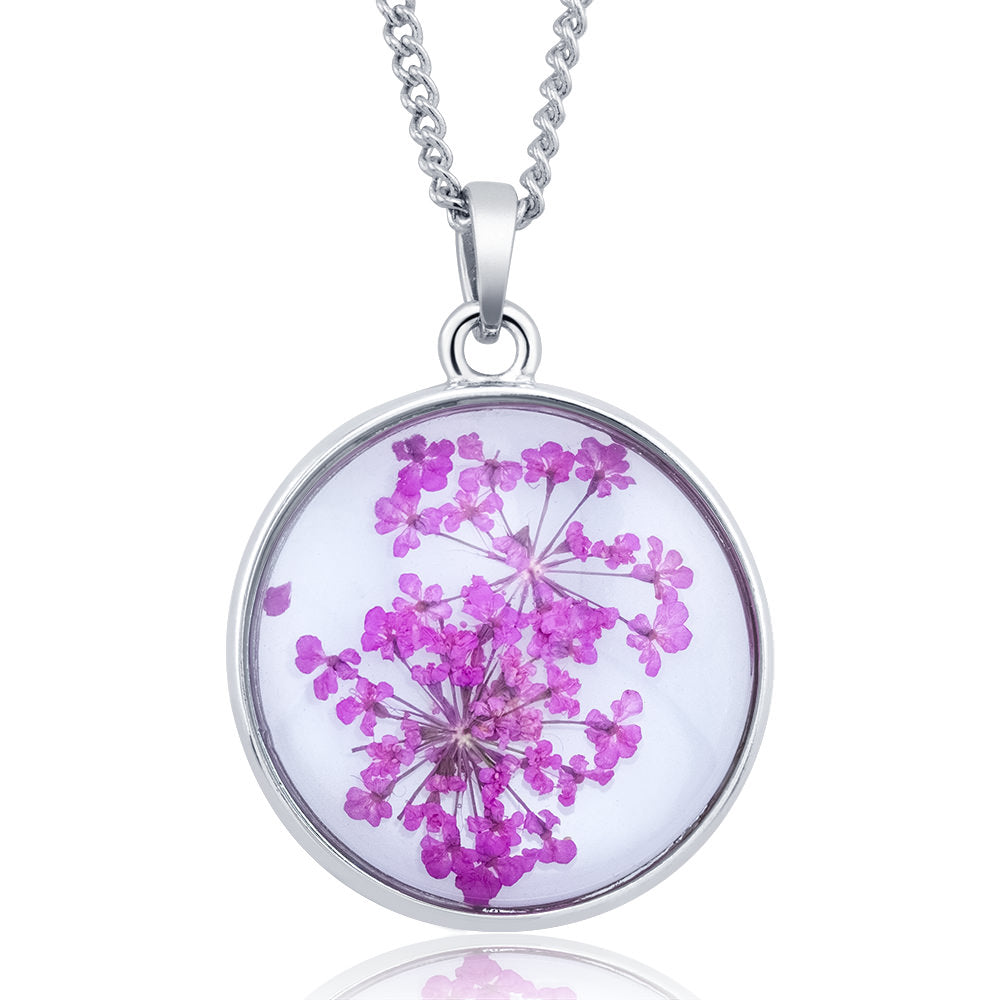 Rhodium Plated Round Glass with Genuine Yellow Forget-Me-Not Flowers Necklace Image 2