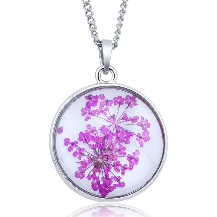 Rhodium Plated Round Glass with Genuine Yellow Forget-Me-Not Flowers Necklace Image 1