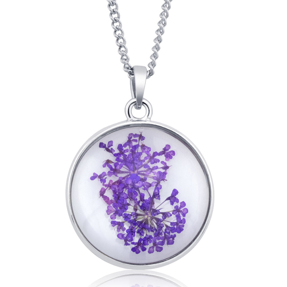 Rhodium Plated Round Glass with Genuine Yellow Forget-Me-Not Flowers Necklace Image 3