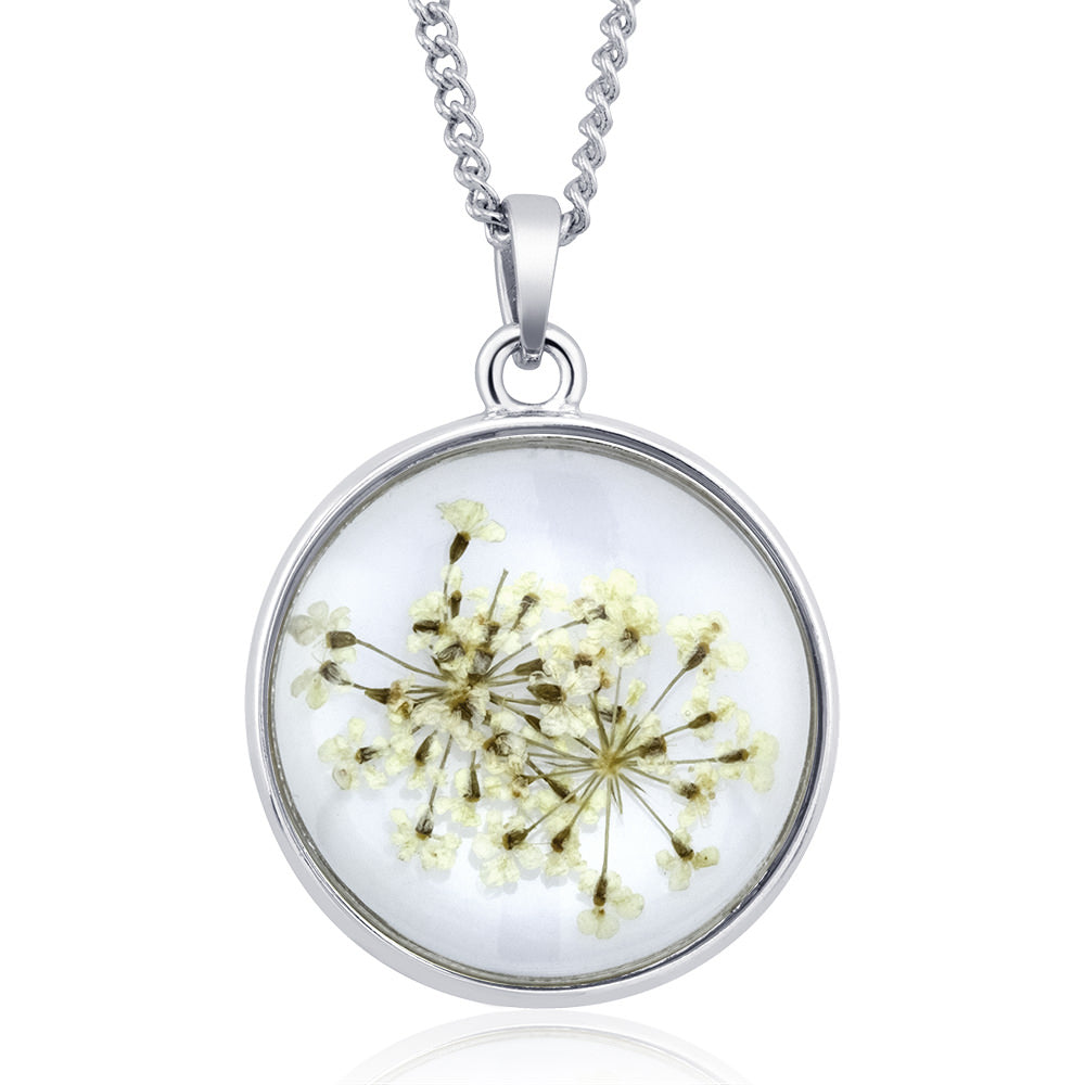 Rhodium Plated Round Glass with Genuine Yellow Forget-Me-Not Flowers Necklace Image 4