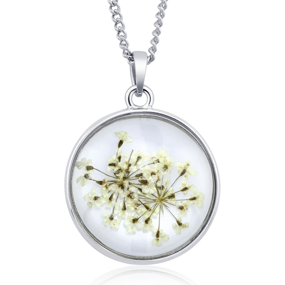 Rhodium Plated Round Glass with Genuine Yellow Forget-Me-Not Flowers Necklace Image 1